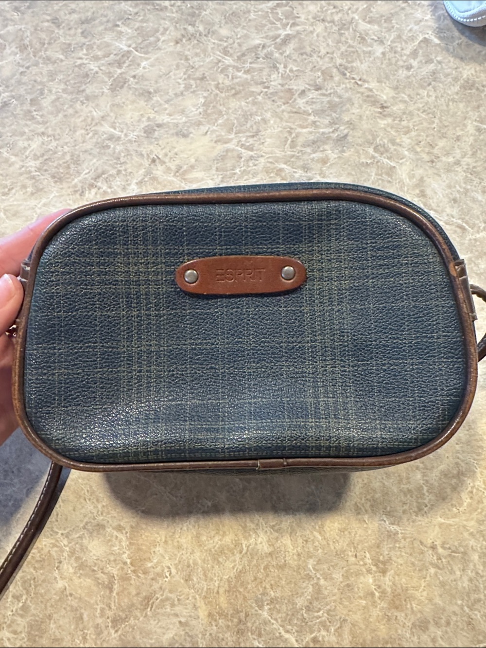 Esprit Navy Plaid Crossbody with Brown Trim